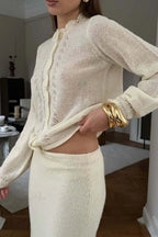 Solid Lace Cutout Knit Crew Neck Cardigan