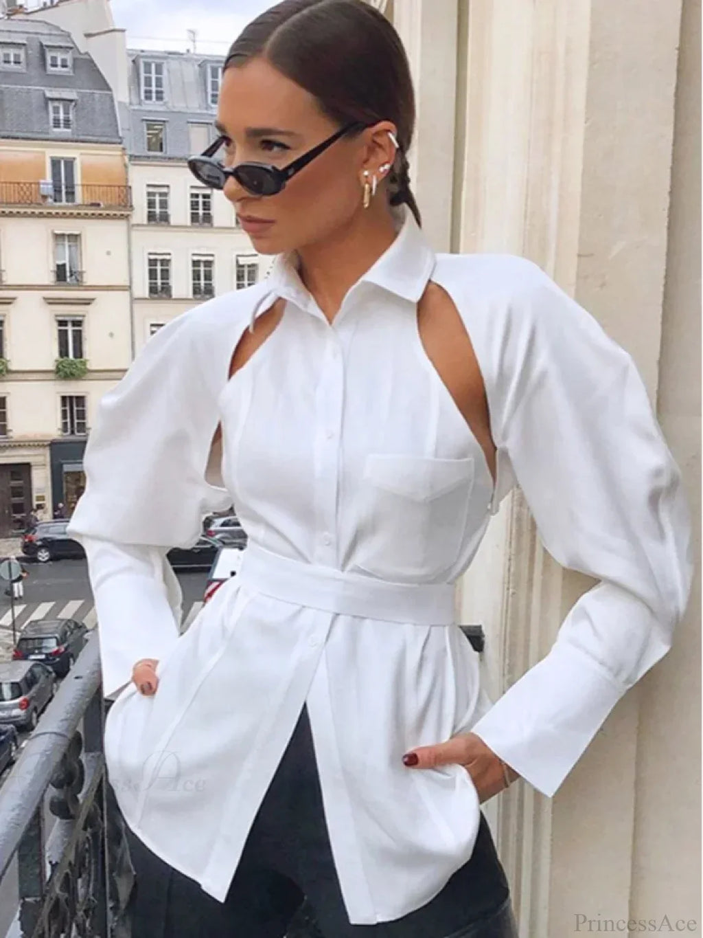 Solid Lapel Single Breasted White Blouse