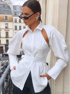 Solid Lapel Single Breasted White Blouse