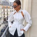 Solid Lapel Single Breasted White Blouse