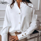 Solid Long Sleeve White Cotton Blouse