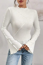 Solid Mock Neck Paneled Ruffled Long Sleeve Tee