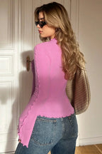 Solid Mock Neck Paneled Ruffled Long Sleeve Tee