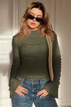 Solid Mock Neck Paneled Ruffled Long Sleeve Tee