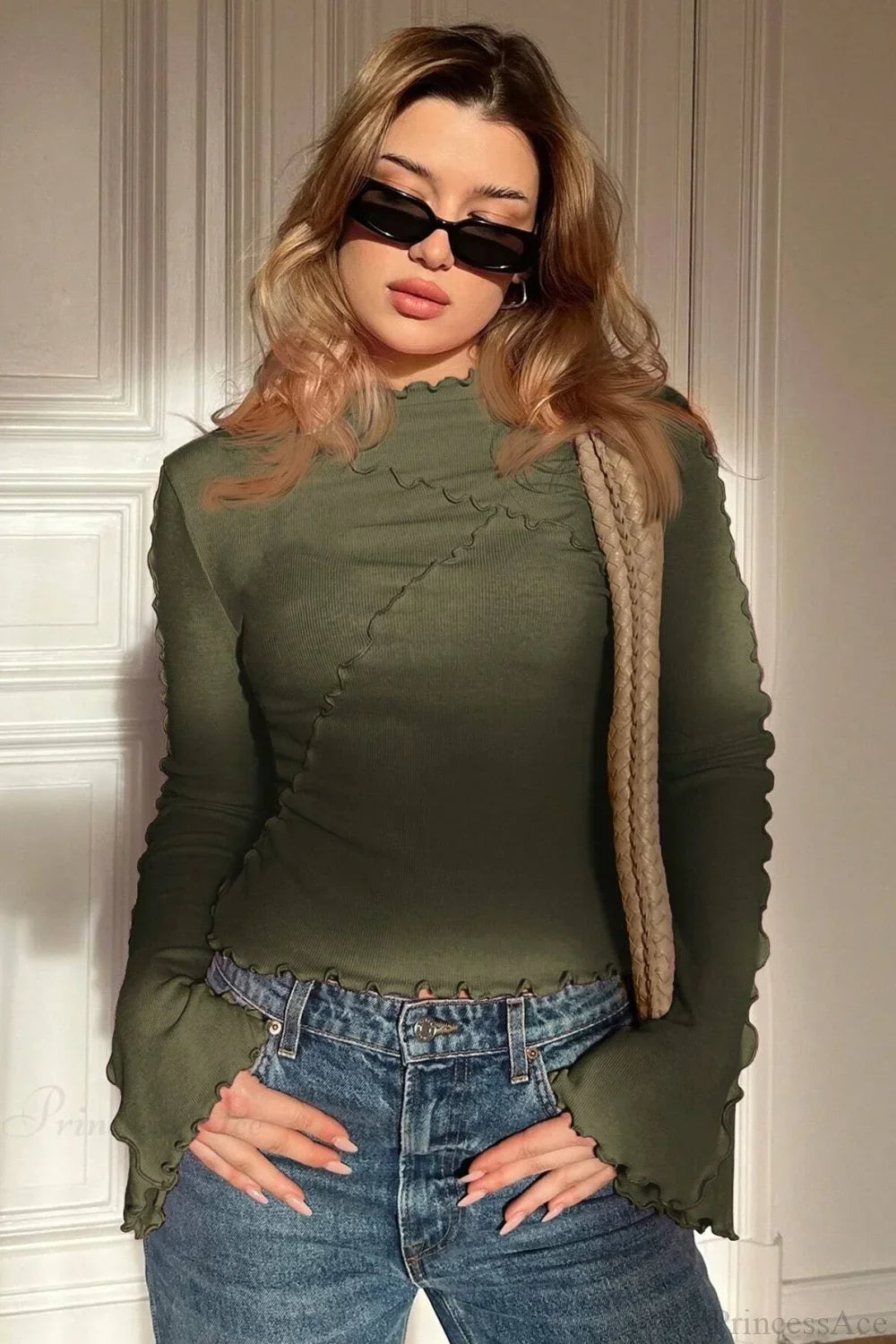 Solid Mock Neck Paneled Ruffled Long Sleeve Tee