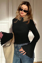 Solid Mock Neck Paneled Ruffled Long Sleeve Tee