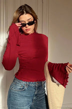 Solid Mock Neck Paneled Ruffled Long Sleeve Tee