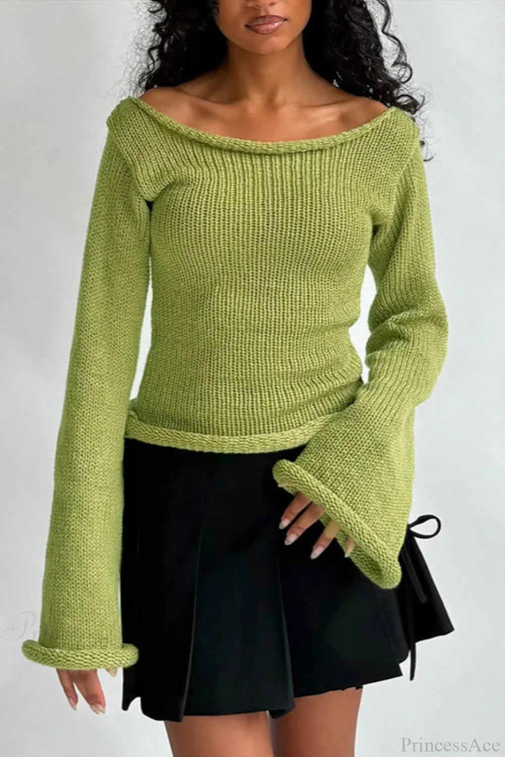 Solid Off Shoulder Rolled Edge Loose Knit Sweater