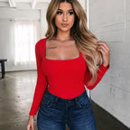 Solid Square Neck Long Sleeve Slim Fit Knit Top