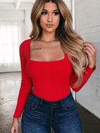 Solid Square Neck Long Sleeve Slim Fit Knit Top