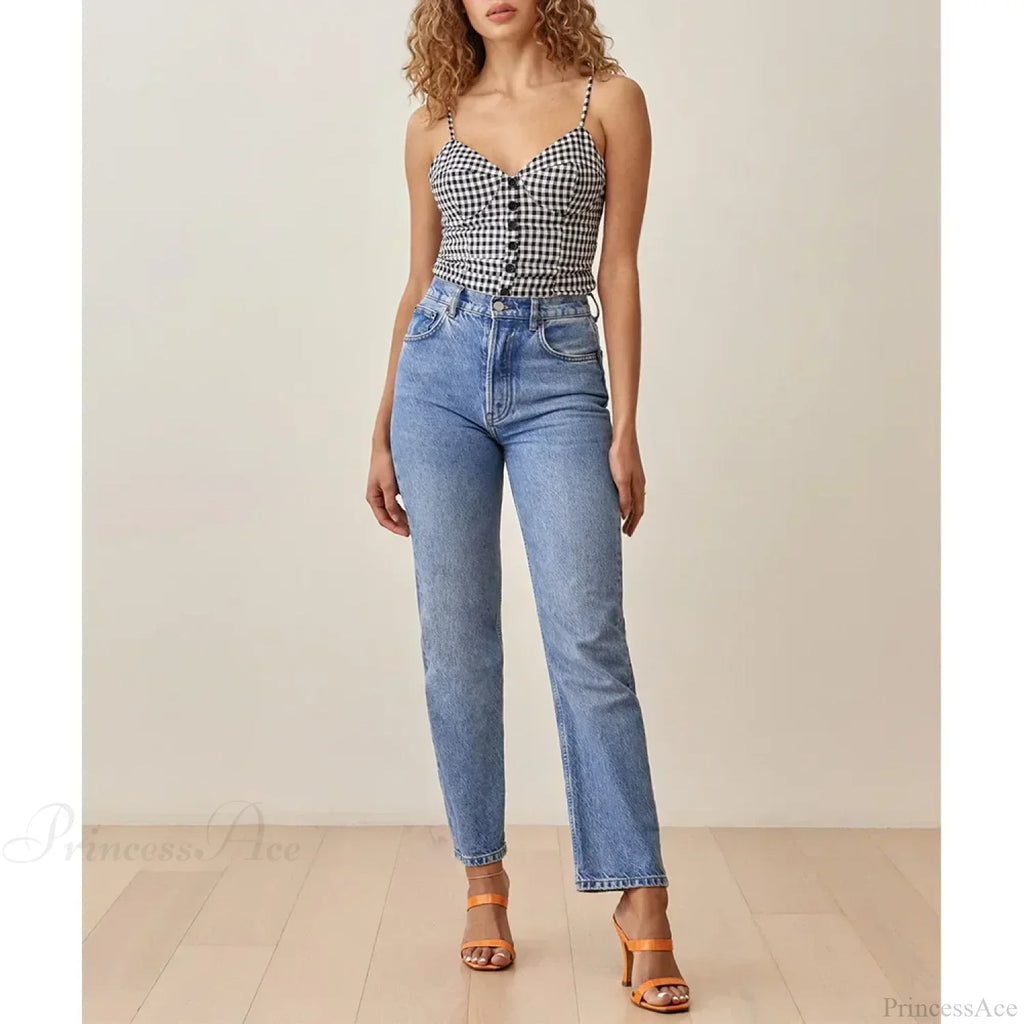Spaghetti Strap Front Button Gingham Lace Up V Neck Casual Crop Top