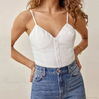 Spaghetti Strap Front Button Gingham Lace Up V Neck Casual Crop Top