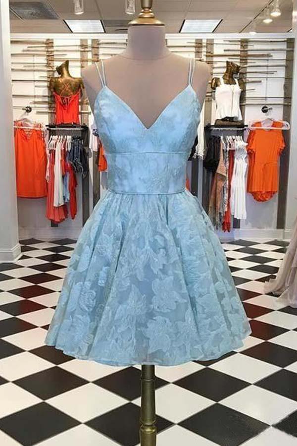 Spaghetti Strap Homecoming Dresses Jacquard V Neck Short Prom Dress