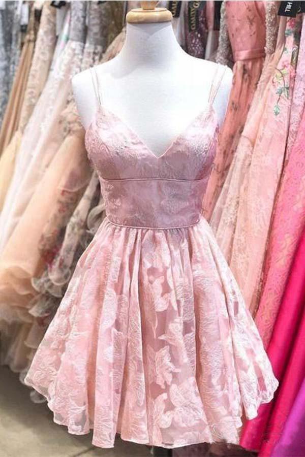 Spaghetti Strap Homecoming Dresses Jacquard V Neck Short Prom Dress