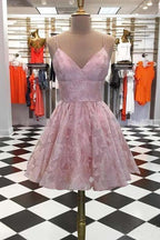 Spaghetti Strap Homecoming Dresses Jacquard V Neck Short Prom Dress