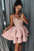 Spaghetti Straps Tiered Satin Homecoming Dress with Sequins