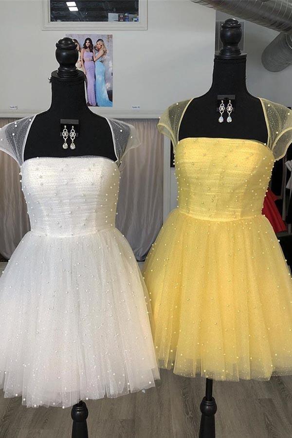 Vestido de regreso a casa claro con mangas cortas y abalorios Sparkle