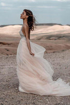 Sparkle Beading A-line V-neck Wedding Dresses Backless Bridal Gowns