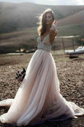 Sparkle Beading A-line V-neck Wedding Dresses Backless Bridal Gowns