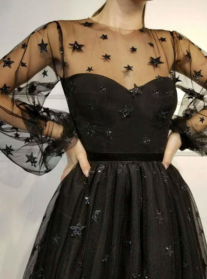 Funkelndes A-Linien-Heimkehrkleid mit Rundhalsausschnitt, langen Ärmeln und Pailletten