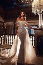 Sparkly Off-the-Shoulder Sequins Mermaid Bridal Dress with Detachable Sweep Train