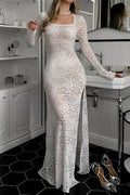 Split Sheer Jacquard Lace Long Sleeve Maxi Dress