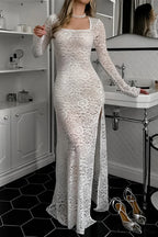 Split Sheer Jacquard Lace Long Sleeve Maxi Dress
