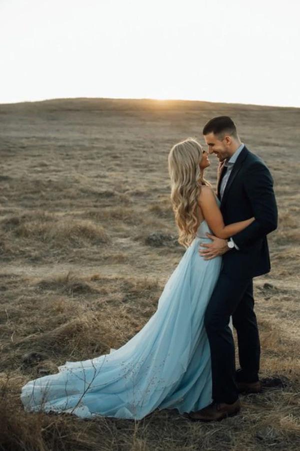Vestidos de novia rústicos con abertura, vestidos de novia para playa con cola capilla