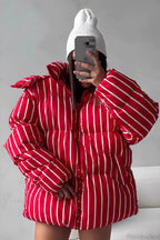 Stand Collar Striped Hooded Warm Quilted Coat