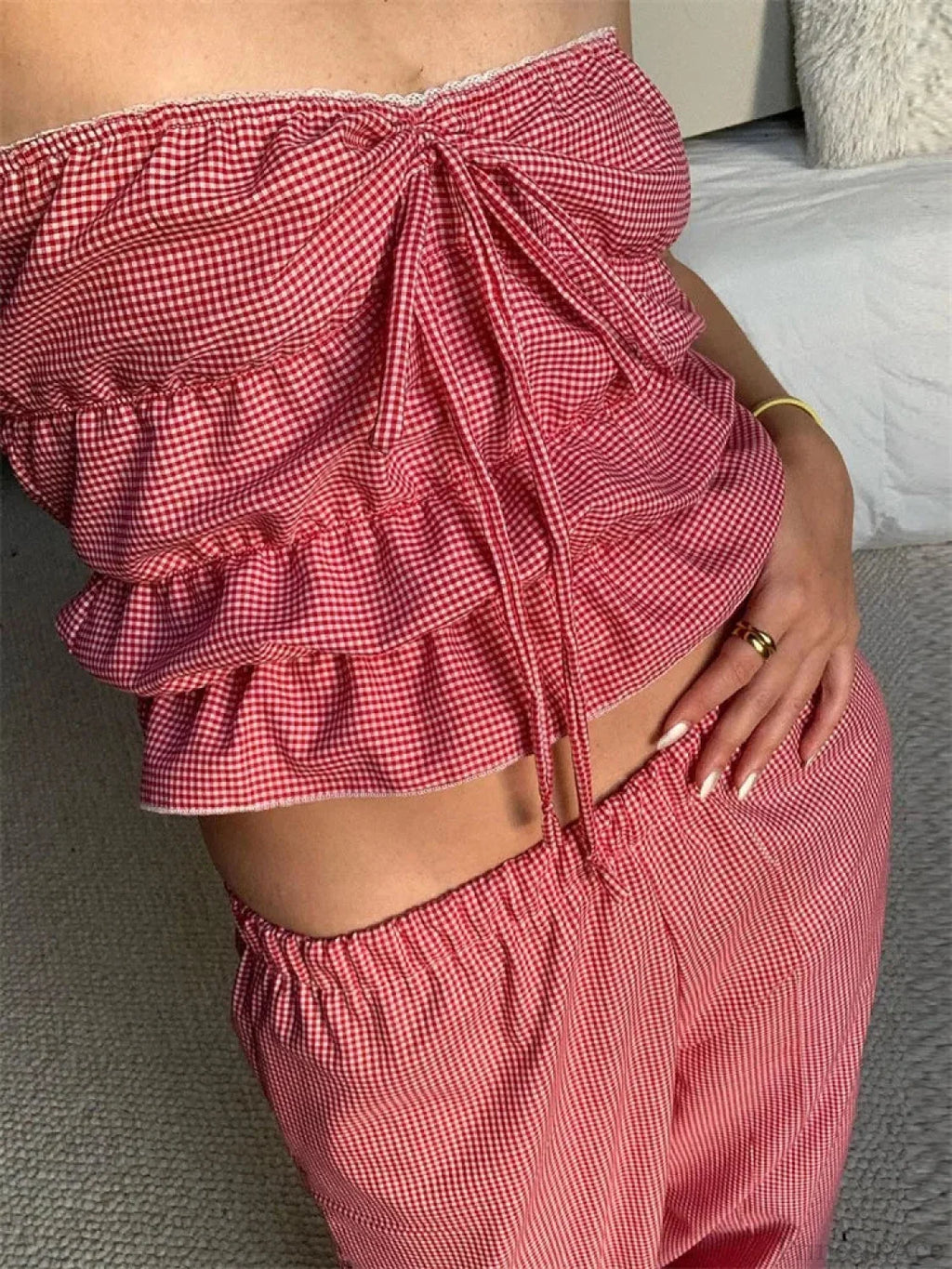 Strapless Plaid Ruched Backless Tube Crop Top