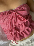 Strapless Plaid Ruched Backless Tube Crop Top