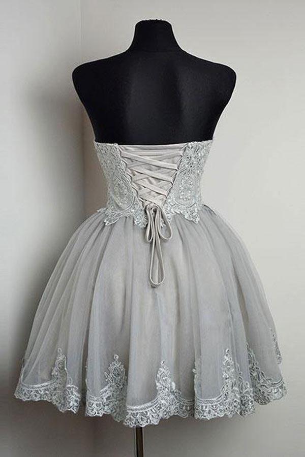 Vestidos de fiesta de cuello corazón sin tirantes con apliques de encaje