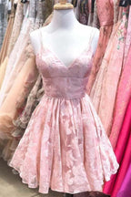 Straps A-line Lace Short Prom Dress Pink Homecoming Dress
