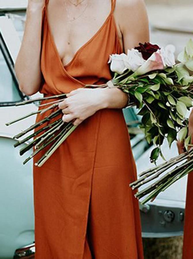 Straps A-Line V-Neck Orange Chiffon Bridesmaid Dress with Split