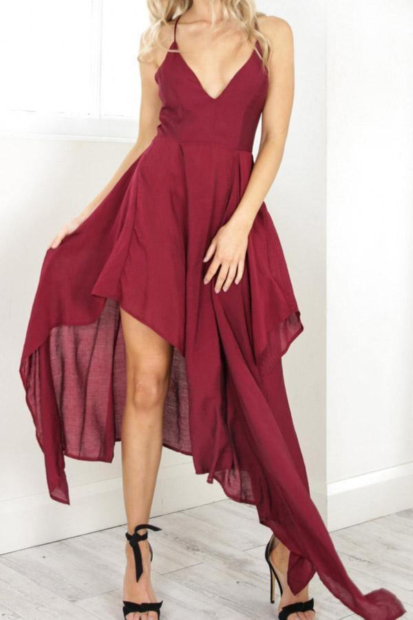 Vestido de fiesta de corte alto-bajo con tirantes y cuello de pico para la vuelta a casa
