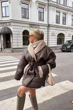 Street Style Color Block Tie Waist Faux Leather Coat