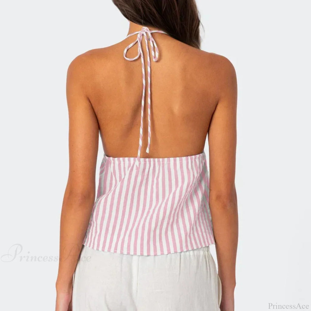 Striped Front Tie Halter Low Cut Crop Top