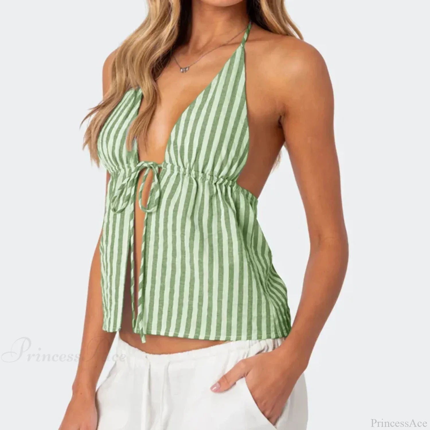 Striped Front Tie Halter Low Cut Crop Top