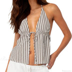 Striped Front Tie Halter Low Cut Crop Top