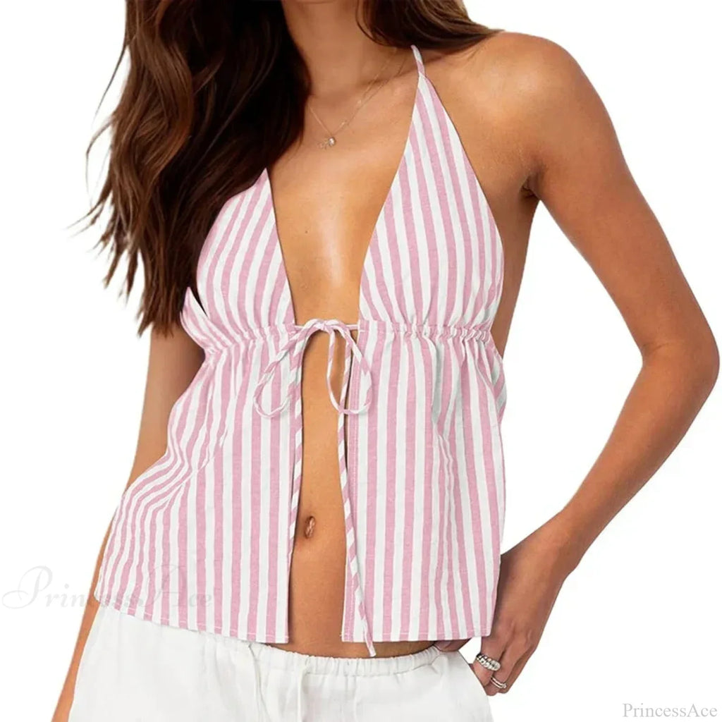 Striped Front Tie Halter Low Cut Crop Top