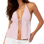 Striped Front Tie Halter Low Cut Crop Top