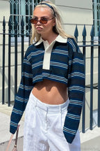 Striped Polo Neck Short Slim Pullover Long Sleeve Tee