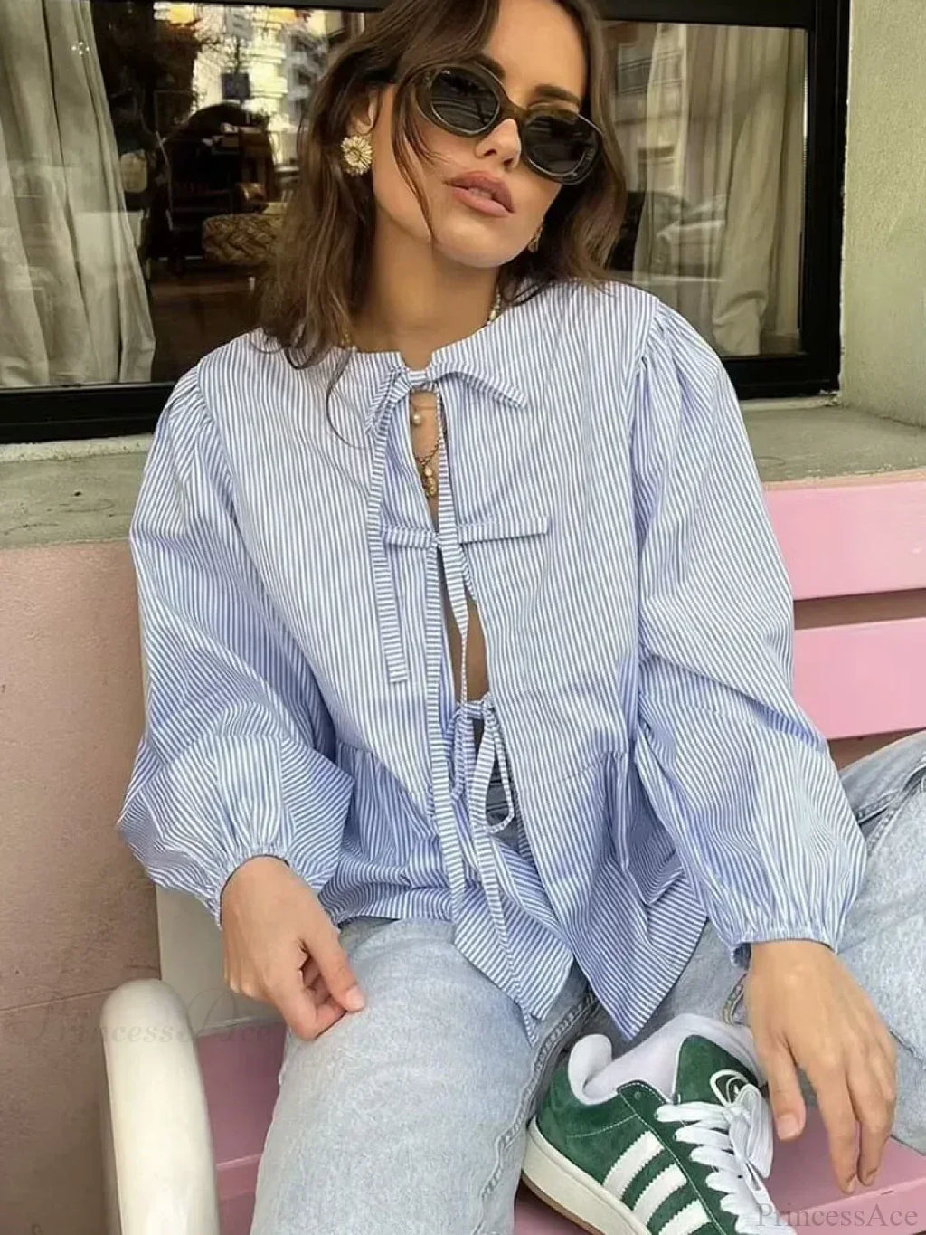 Striped Puff Sleeve Holiday Blouse