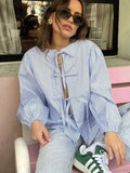 Striped Puff Sleeve Holiday Blouse