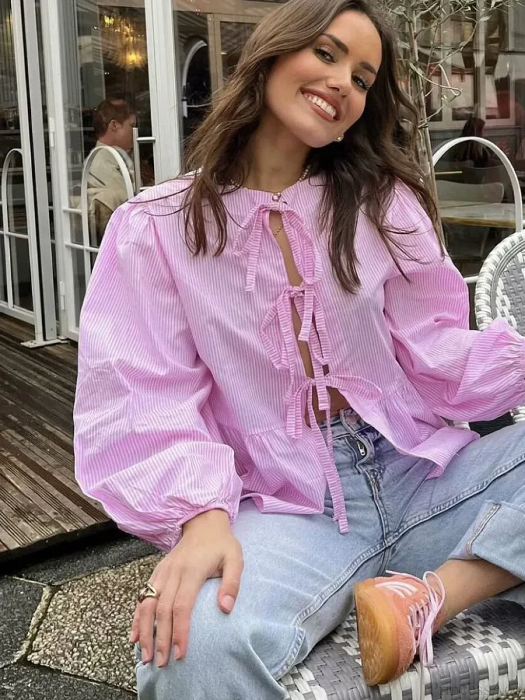 Striped Puff Sleeve Holiday Blouse