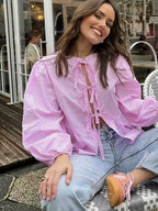 Striped Puff Sleeve Holiday Blouse