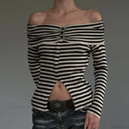 Striped Slash Neck Knit Top