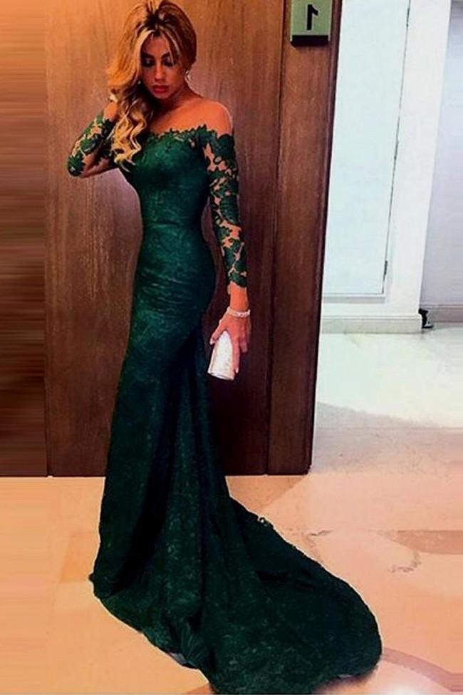 Fabulous Lace Mermaid Dark Green Long Sleeve Off-shoulder Long Prom Dress