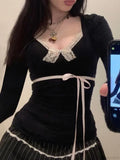 Sweet Bandage Slim Deep V-Neck Lace Trim Knit Top