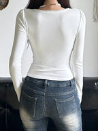 Sweet Lace Trim Bandage Slim Square Collar Long Sleeve Knit Top